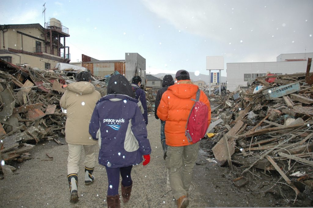 Peace Winds Mercy Corps walking to Kesennuma Port
